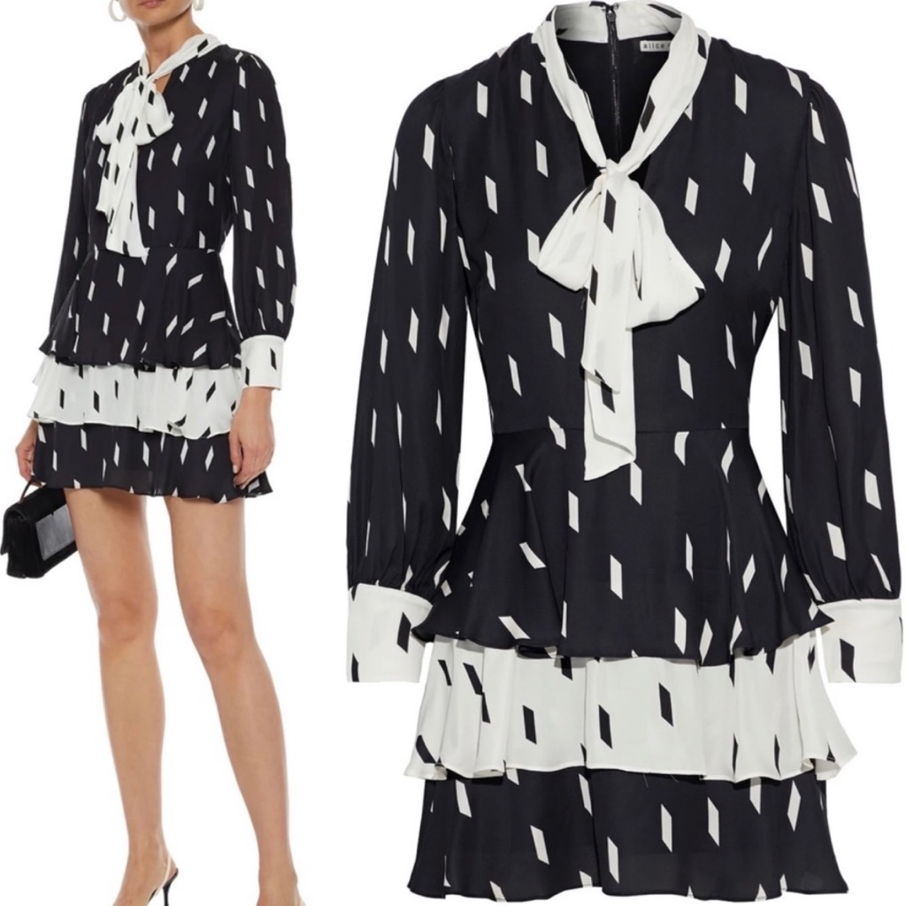 Alice + Olivia Dasha Bow Tie Tiered Printed Crepe Mini Dress Size 0